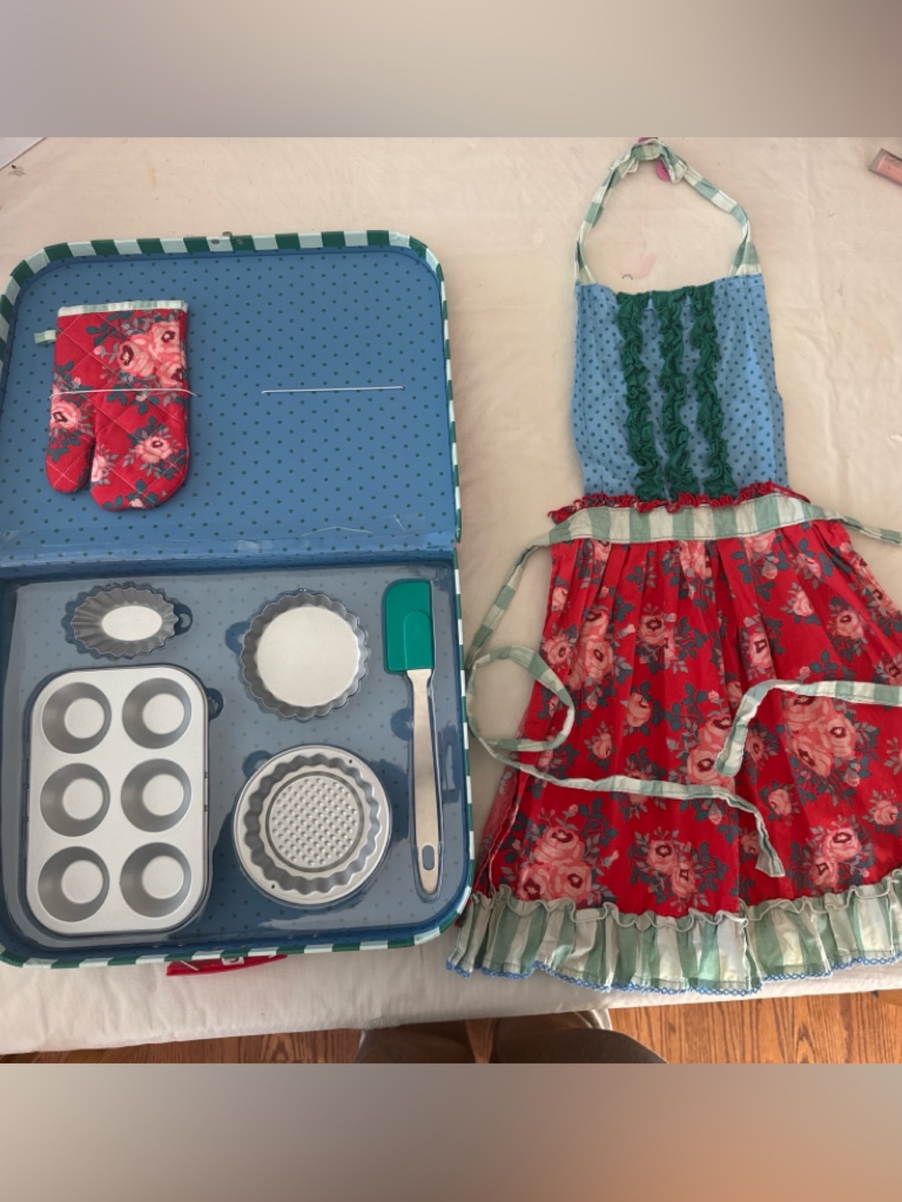 Matilda Jane Red Floral Kids' Apron and Baking Set with Blue Accents